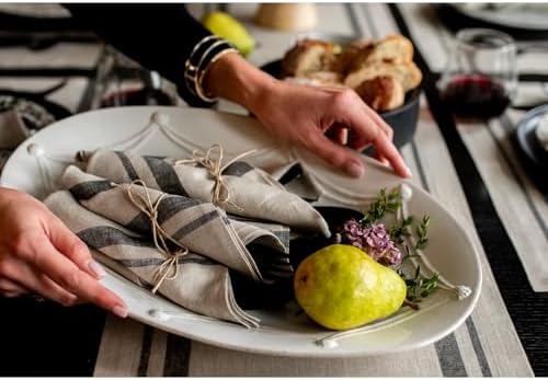 Solino Home 100% Linen Napkins, 20 x 20 in, Black, French Stripe, Set of 4