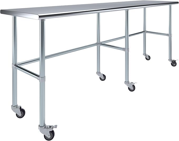 Stainless Steel Work Table Open Base & Wheels | Work Station | Metal Work Bench (Stainless Steel Work Table Open Base + Casters) (96" Long x 18" Deep)