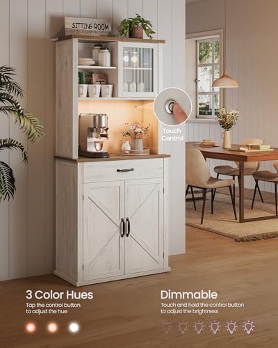 VASAGLE Pantry Cabinet with Lights and Charging Station