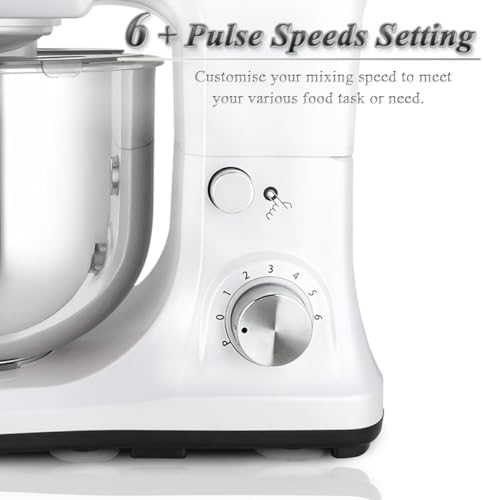 Stand Mixer 5-QT, 6+P Speed Tilt-Head Food Mixer 300W Dough Mixer with Stainless Steel Bowl,Dough Hook,Flat Beater&Whisk Electric Kitchen Mixer for Household Baking, Anti-Slip(Pearl White)