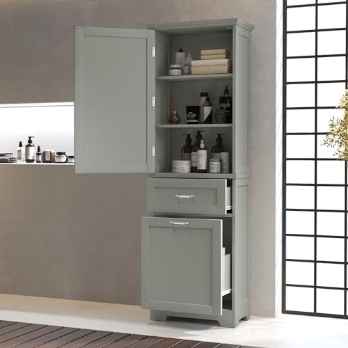 Merax 68.4" Pantry Cabinet with One Door & Two Drawers, Adjustable Shelves Storage Cupboard for Kitchen/Dining Room/Bathroom, Gray
