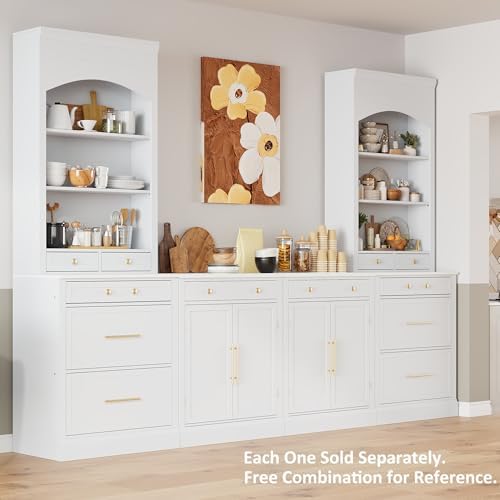 Merax Modern 83.7inch Freestanding Kitchen Hutch with Faux Marble Top, Kitchen Pantry with 5 Storage Drawers and Adjustable Shelf, White