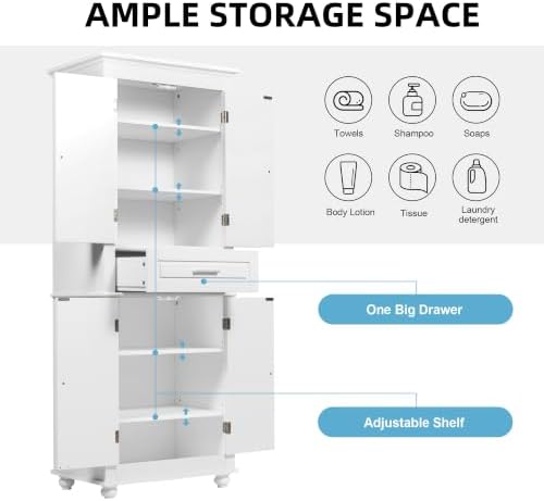 Merax 63" Pantry Cupboard with Four Doors & One Drawer, Bathroom Storage Cabinet with Adjustable Shelves for Home/Living Room/Dining Room/Kitchen, White