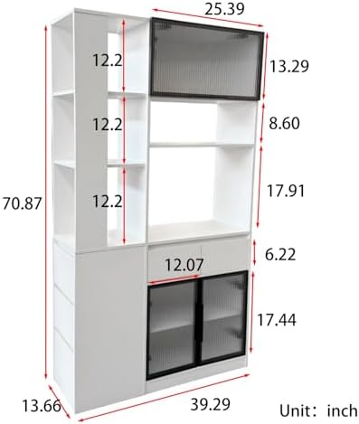 KEIKI 70.87" Tall Kitchen Pantry Storage Cabinet with 5 Drawers, Side Shelves, Glass Doors & Microwave Stand, Freestanding Wood Hutch Food Pantries Cupboard Organizer for Entrance Dining Room, Hallway