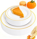 FLOWERCAT 60PCS Gold Plastic Plates - Heavy Duty White and Gold Plastic Plates Disposable for Fall Party/Wedding/Thanksgiving - Include 30PCS 10.25" Dinner Plates and 30PCS 7.5" Dessert Plates
