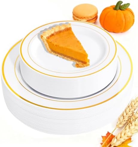 FLOWERCAT 60PCS Gold Plastic Plates - Heavy Duty White and Gold Plastic Plates Disposable for Fall Party/Wedding/Thanksgiving - Include 30PCS 10.25" Dinner Plates and 30PCS 7.5" Dessert Plates