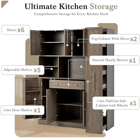Ball & Cast 70" Farmhouse Kitchen Pantry Cabinet with Hutch, Large Buffet Cabinet with 7-Tier Pull-Out Side Storage, 6 Doors, Drawer, Adjustable Shelves, Freestanding Coffee Bar & Cupboard, Brown