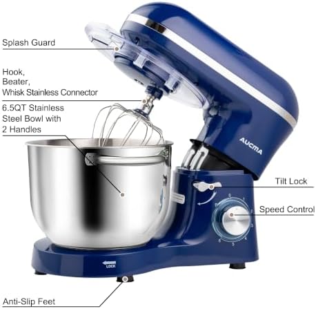 Aucma Stand Mixer,6.5-QT 660W 6-Speed Tilt-Head Food Mixer, Kitchen Electric Mixer with Dough Hook, Wire Whip & Beater (Royal Blue, 6.5QT)
