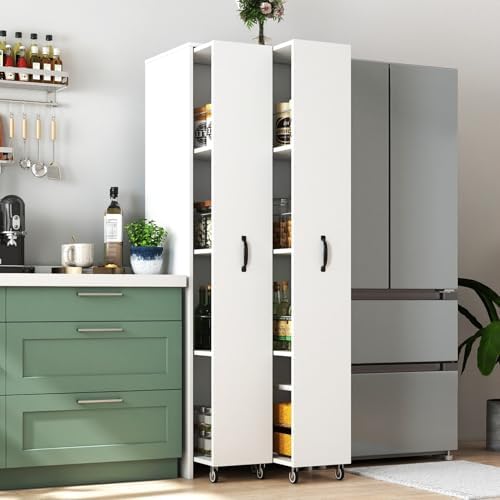 KEIKI Pull-Out Kitchen Pantry Storage Cabinet with Multi-Tier Shelf & Wheels, Spice Rack Next to Fridge, Freestanding Wood Bookcase Hutch Food Pantries Cupboard for Dining Room, Narrow Spaces, Office