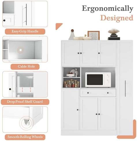 Ball & Cast 70" Farmhouse Kitchen Pantry Cabinet with Hutch, Large Buffet Cabinet with 7-Tier Pull-Out Side Storage, 6 Doors, Drawer, Adjustable Shelves, Freestanding Coffee Bar & Cupboard, White