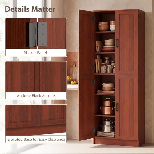HOMCOM 67" Freestanding Kitchen Pantry 4-Door Cabinet Distressed Dark Brown