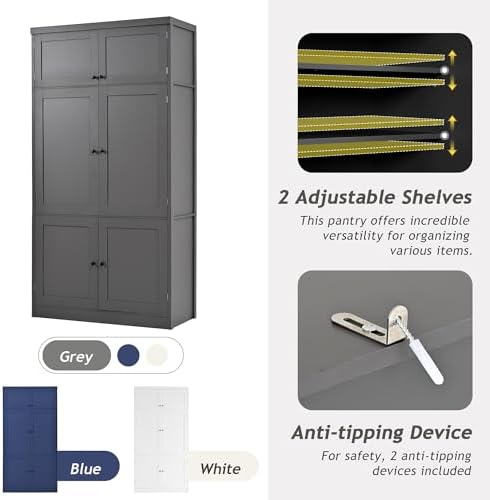 Ball & Cast 80″Tall Freestanding Kitchen Pantry Cabinet with 2 Power Outlets & 3 Large Drawers,41" W Versatile Farmhouse Pantry Storage Cabinet w/Adjustable Shelves and Door Shelves,for Kitchen, Grey