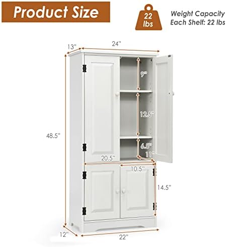 GIANTEX Kitchen Pantry Storage Cabinet, Wood Cupboard Organizer, Adjustable Shelf & Anti-Tilt Design Floor Cabinet for Living Room Bathroom (Cream White)