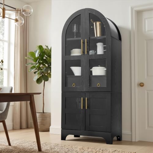 KEIKI 77" Arched Kitchen Pantry Cabinet with Glass Doors, Black