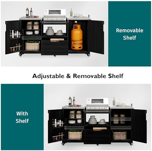 Merax 66.5" Outdoor Kitchen Island for Big Green Egg, Grill Cart with Stainless Steel Top, Solid Wood Grill Table with Storage Cabinet & Wheels, Compatible with Kamado Joe