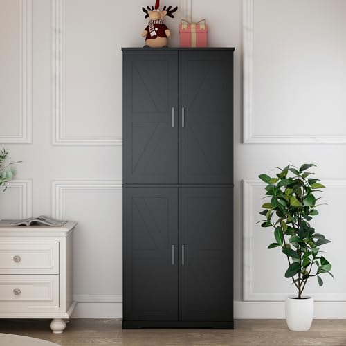 Farmhouse Storage Cabinet with 4 Door, Kitchen Pantry Storage with 4 Adjustable Shelves Wooden Cupboard for Kitchen, Dining Room, Living Room, Bathroom (Black)