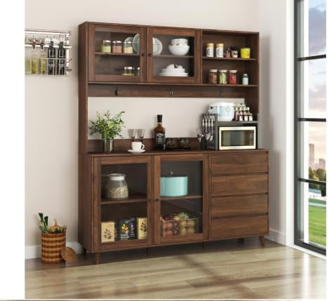 KEIKI 75" H Kitchen Pantry Storage Cabinet with Countertop, Glass Doors