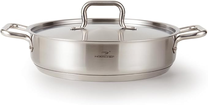 HOMICHEF Braiser Pan 5 Quart with Lid Nickel Free Stainless Steel - Matte Polished Deep Saute Pan Non Toxic - 5 Qt Braiser with Stainless Steel Lid Induction