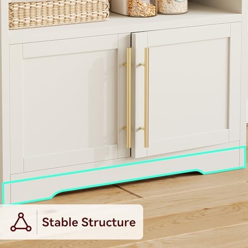 IDEALHOUSE Bakers Rack with Storage Cabinet, Microwave Stand with Power Outlets, Farmhouse Kitchen Pantry with Thick Table Top, Small Kitchen Bakers Rack for Kitchen,Dining Room,White & Peer Wood