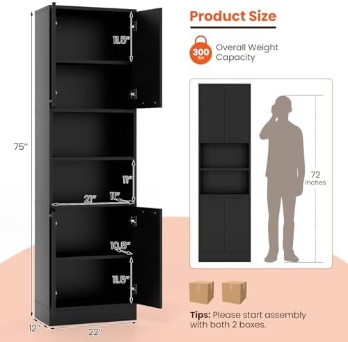 GIANTEX Kitchen Pantry Cabinet, 75” Tall Freestanding Cupboard with Doors & Shelves, Safety Hinges & Anti-Tipping Devices, Storage Sideboard for Dining Room, Living Room (Black)