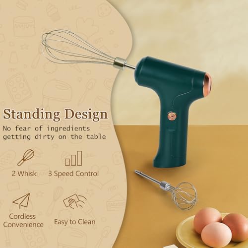 Cordless Hand Mixer, Handheld Electric Whisk with 3 Speed Modes, Hand Held Egg Beater with 2 Detachable Stir Whisks (Green)