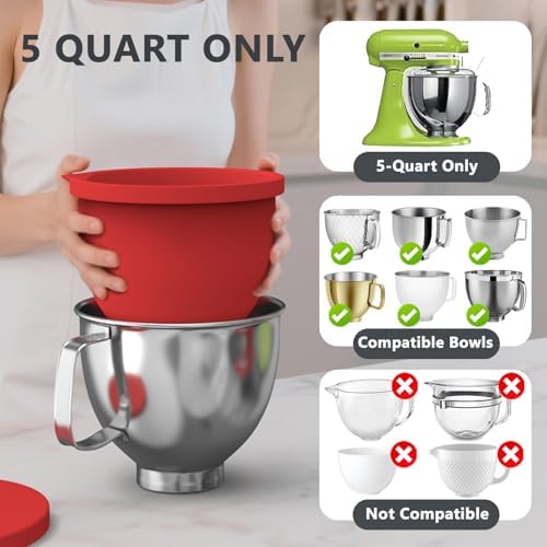 Silicone Bowl Liners with Lids for KitchenAid 5 Qt Tilt Mixing Bowl Inserts, Kitchen Mixer Accessories for Baking & Cooking, Dishwasher Safe, Heat & Cold Resistant（Red & Black）