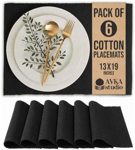 100% Cotton Ribbed Placemats - Set of 6-13 x 19 Inches - Black - Everyday Cloth Table Mats - Thick Construction, Washable & Reusable Cloth Place Mats - by AVKA Studio