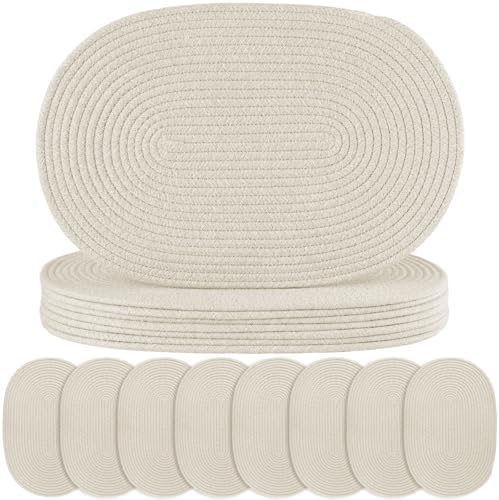 Oval Woven Placemats Set of 8 Heat Resistant Placemats 17.5 x 12 Inches Farmhouse Cotton Rope Place Mats for Dining Tables Trivets for Hot Dishes, Beige