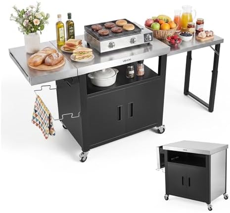 VEVOR Outdoor Grill Cart with Storage Cabinet, 74.8 Inch Grill Table, Waterproof Kitchen Island with Stainless Steel Top, Pull-Out Plate, Wheels, Movable Food Prep Station for Patio Bar Backyard BBQ