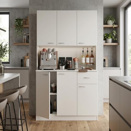 Basicwise Kitchen Storage Hutch with Doors & Shelves - 71 Inch Tall Wood Organizer, Deep Cupboard with Drawers, Modern Freestanding Unit for Dining Room, Bathroom, White - Versatile Pantry Cabinet