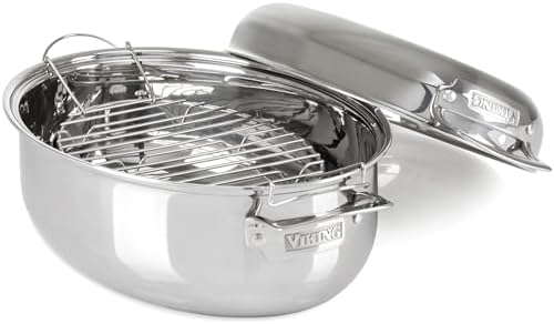 Viking 3-Ply Oval Roasting Pan, 8.5 Quart, Stainless Steel Kitchen Cookware with Metal Induction Lid and Rack, Great for Turkey, Dishwasher and Oven Safe, Silver