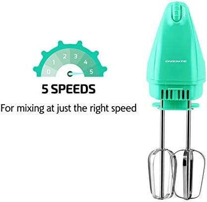 OVENTE Portable Electric Hand Mixer 5 Speed Mixing, 150W Powerful Blender for Baking & Cooking with 2 Stainless Steel Chrome Beater Attachments & Snap Clear Case Compact Easy Storage, Turquoise HM161T