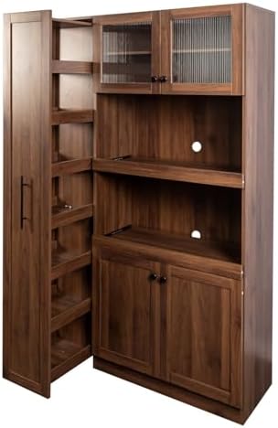 KEIKI 70.87" Tall Kitchen Pantry Storage Cabinet with Pull-Out Multi-Tier Shelf, Countertop, Glass Doors, Microwave Stand, Freestanding Wood Hutch Food Pantries Cupboard for Coffee Bar, Dining Room