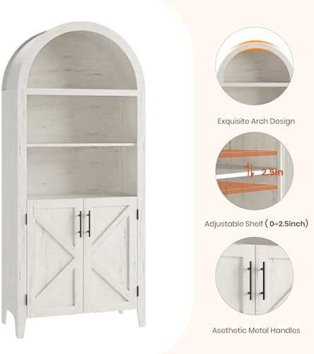 Arched Kitchen Pantry Cabinet with Doors, 5-Tier Open Display Shelf, White