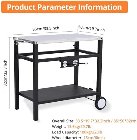 Dining Cart Table with Double-Shelf, Movable Stainless Steel Flattop Worktable, Hooks, Side Handle, Multifunctional for Bar, Patio, Camping, Home