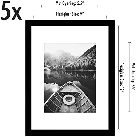 Americanflat 9x12 Picture Frame with Polished Plexiglass - Set of 5 - Use as 6x8 Frame with Mat or Display 9x12 Photo Without Mat - Galleria Collection - Picture Frames for Wall Display - Black
