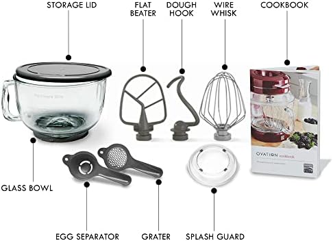 Kenmore Elite Ovation 5 Qt Stand Mixer, 500 Watts, with Revolutionary Pour-In Top, Tilt Head, Flat Beater, Whisk, Dough Hook, 360-degree Splash Guard, Glass Bowl, LED Light, Metallic Grey