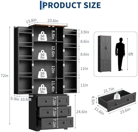 IDEALHOUSE Farmhouse Kitchen Pantry Cabinet - 72" Tall Large Wood Kitchen Storage Cabinets with Adjustable Shelves & 2 Barn Doors & 3 Drawer, Versatile Storage for Dining Room, Bathroom, Living Room