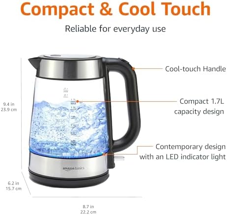 Amazon Basics Electric Kettle with Glass Carafe for Tea and Coffee, BPA-Free, Fast Boiling, Auto Shut-Off, Boil-Dry Protection, Water Level Indicator, 1.7 Liter, 1500W, Black and Silver - Image 2