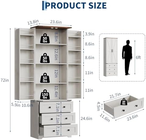 IDEALHOUSE Farmhouse Kitchen Pantry Cabinet - 72" Tall Large Wood Kitchen Storage Cabinets with Adjustable Shelves & 2 Barn Doors & 3 Drawer, Versatile Storage for Dining Room, Bathroom, Living Room
