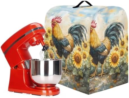 Rooster Sunflower Mixer Cover Kitchen Aid Stand Mixer Dust Proof Covers with Handle and Front Pockets Kitchen Aid Mixer Cover for 4.5-5 Qt Mixer,Coffee Maker Toaster Machine Dust Cover