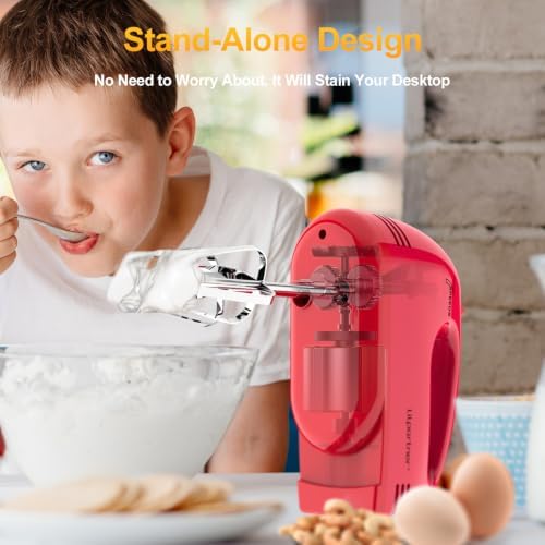 LILPARTNER Electric Hand Mixer with Storage Box, Ultra Power Kitchen Hand Mixer With 7-Speed & 5 Stainless Steel Accessories for Whipping Dough, Cream, Cake, Dishwasher Safe, LIGHT RED BOX
