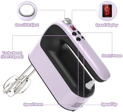 Yomelo 9-Speed Digital Hand Mixer Electric, 400W Powerful DC Motor, Hand Mixer Electric Handheld with Snap-On Storage Case, 5 Stainless Steel Accessories, Beaters, Dough Hooks, Whisk(Purple/Black)