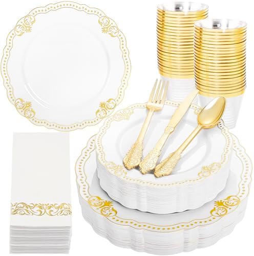 Ciaell 175 Piece White and Gold Plastic Plates for Weddings Parties