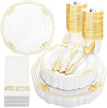 Ciaell 175 Piece White and Gold Plastic Plates for Weddings Parties