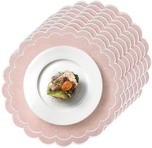 Set of 8 Cotton Linen Placemats, 15x15 Scalloped Flower Embroidery Cloth Table Mats Double Layered Fabric Machine Washable Wrinkle Free Dining Placemat for Hotel Restaurant Kitchen Decor, Pink