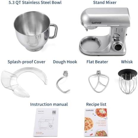 Garvee 5.3 QT Tilt-Head Stand Mixer, 500W Motor, 8-Speed Electric Kitchen Mixer with Stainless Steel Bowl, Dough Hook, Flat Beater & Wire Whisk for Bread Dough, Cake, Cookies & Pizza, Silver
