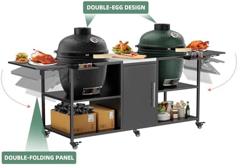 KEIKI Outdoor Grill Cart for Two Big Green Egg, Multi-Functional Movable BBQ Cart, Metal Grill Table Compatible with Large Big Green Egg, Kamado Joe 18 Inch,and Other Similar Models