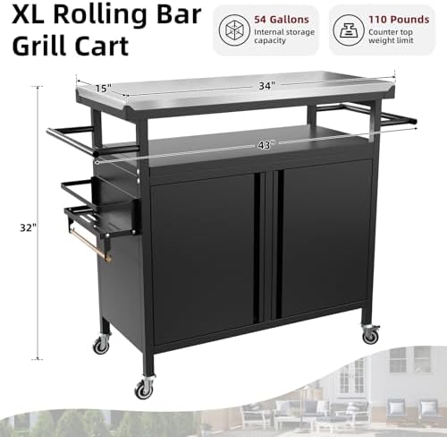 Outdoor Grill Cart Bar Cart with Storage Cabinet for Grilling Accessories（Black）