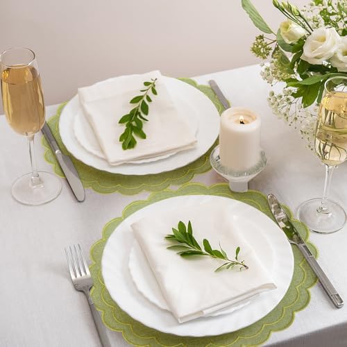 Set of 8 Cotton Linen Placemats, 15x15 Scalloped Flower Embroidery Cloth Table Mats Double Layered Fabric Machine Washable Wrinkle Free Dining Placemat for Hotel Restaurant Kitchen Decor, Green